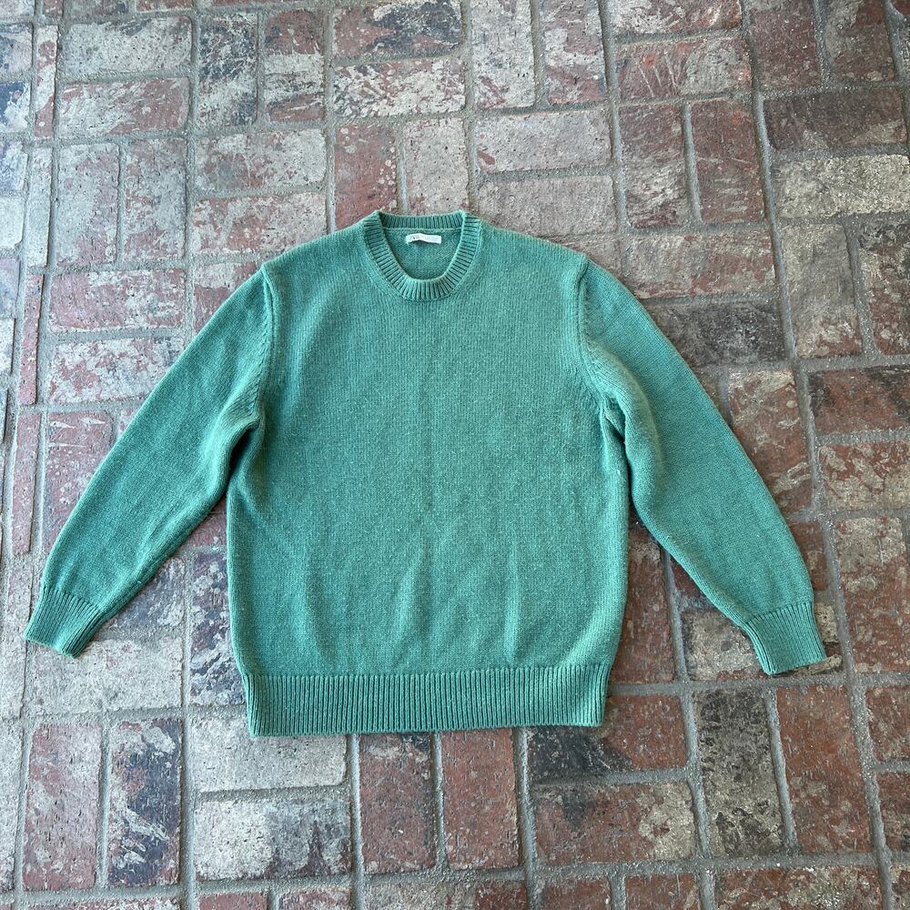 Zara Green Cozy Knit Sweater Long Sleeve Crew Neck Size L Basic Fall Winter
